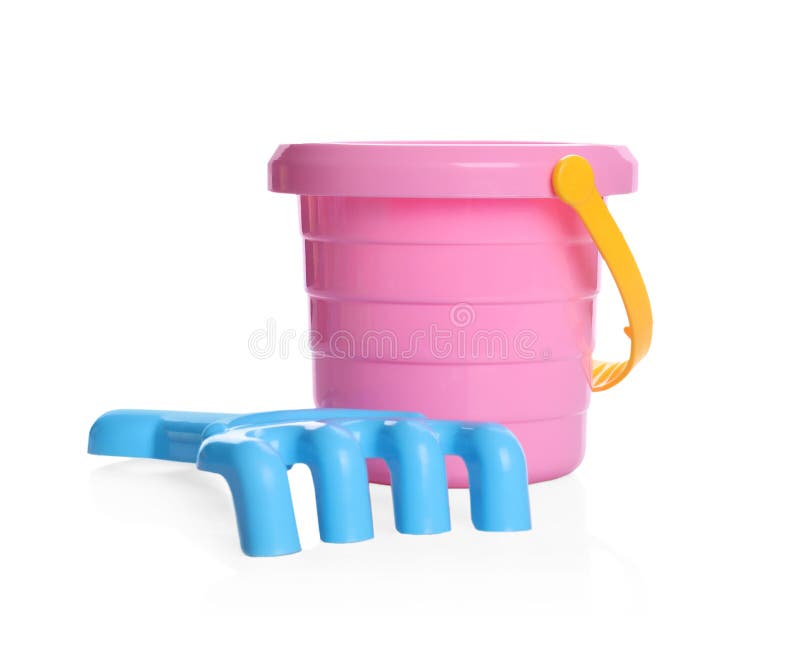 Colorful Plastic Toy Bucket and Rake Isolated on White Stock Photo