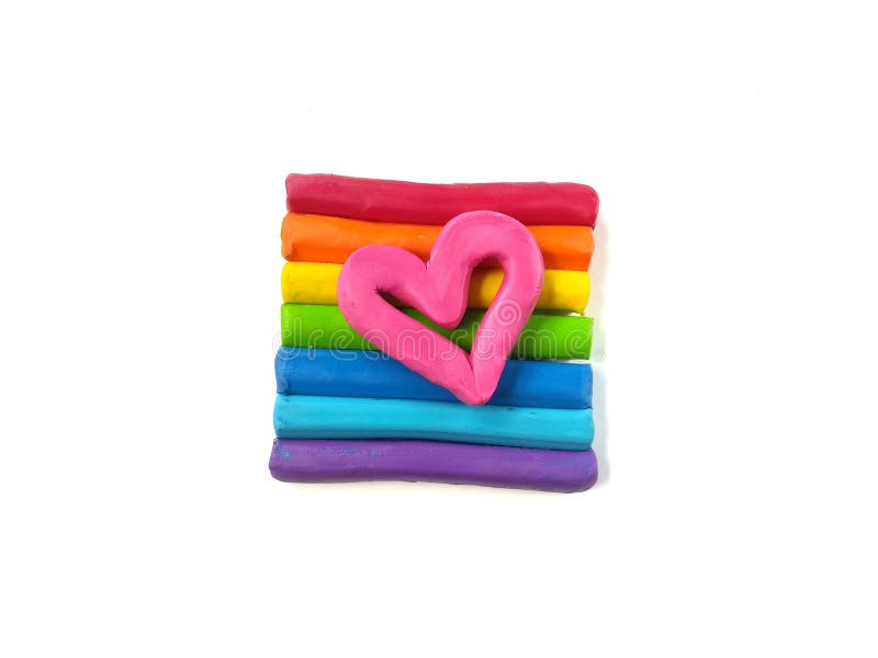 Colorful plasticine clay sticiks ,rainbow colors, pink heart on top, white background, cute shape dough