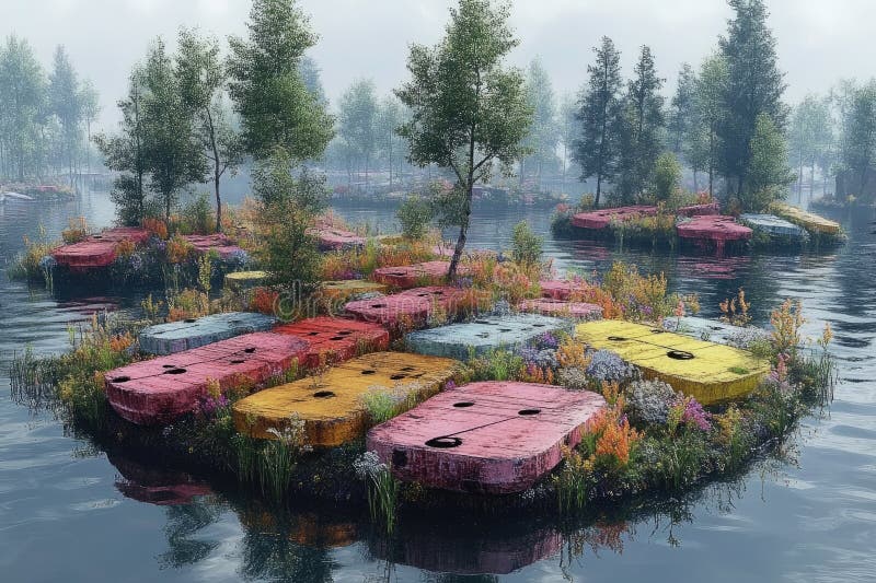 Colorful Floating Islands in Misty Lake stock illustration