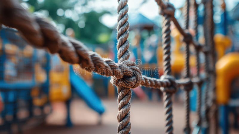 A colorful playground scene featuring a sturdy rope structure with a slide in the background, inviting children to play and explore,.