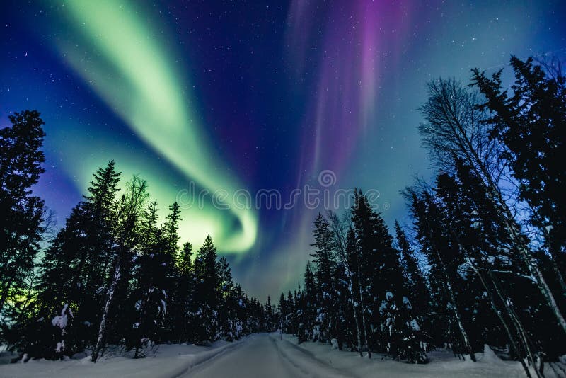 Colorful Polar Arctic Northern Lights Aurora Borealis Activity In Snow