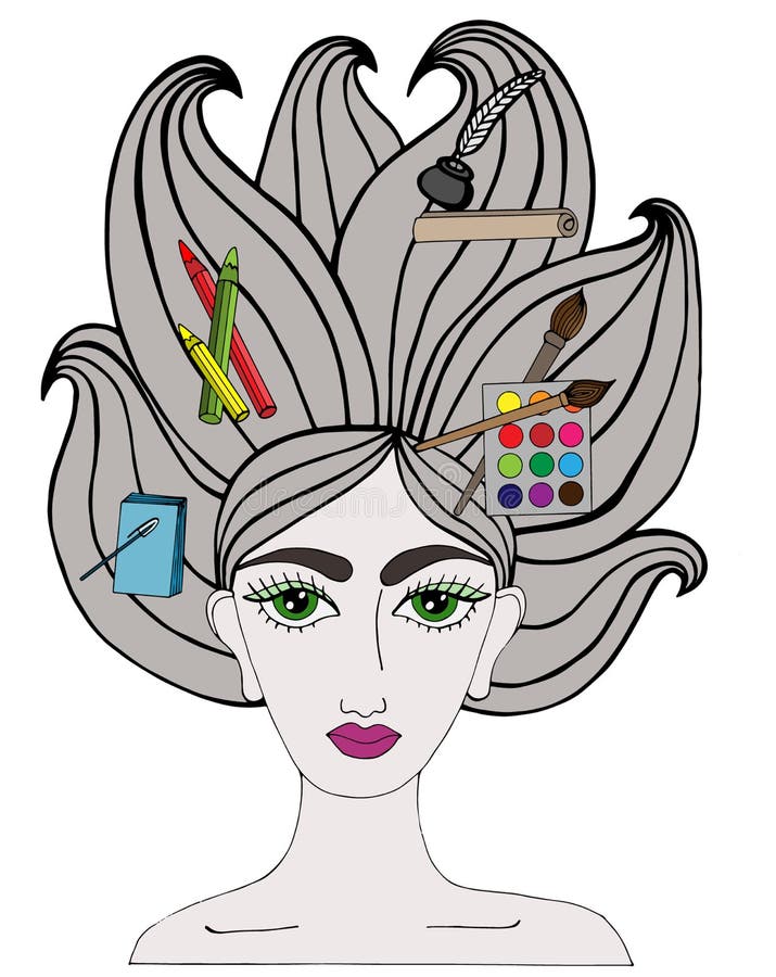 Colorful portrait of girl with art tool on the long hair royalty free illustration