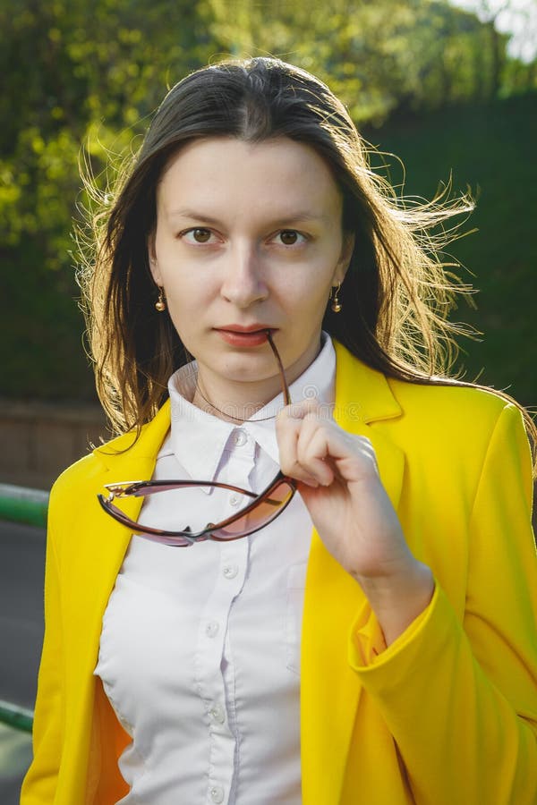 Colorful Portrait Of Young Attractive Woman Wearing Sunglasses Stock 