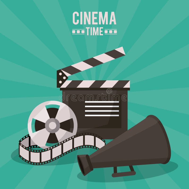 Colorful poster of cinema time with clapperboard and film reel and megaphone royalty free illustration Colorful poster of cinema time with clapperboard and film reel and megaphone royalty free illustration