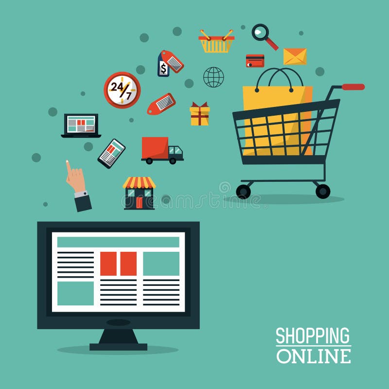 Colorful poster shopping online with desktop computer and shopping cart royalty free illustration