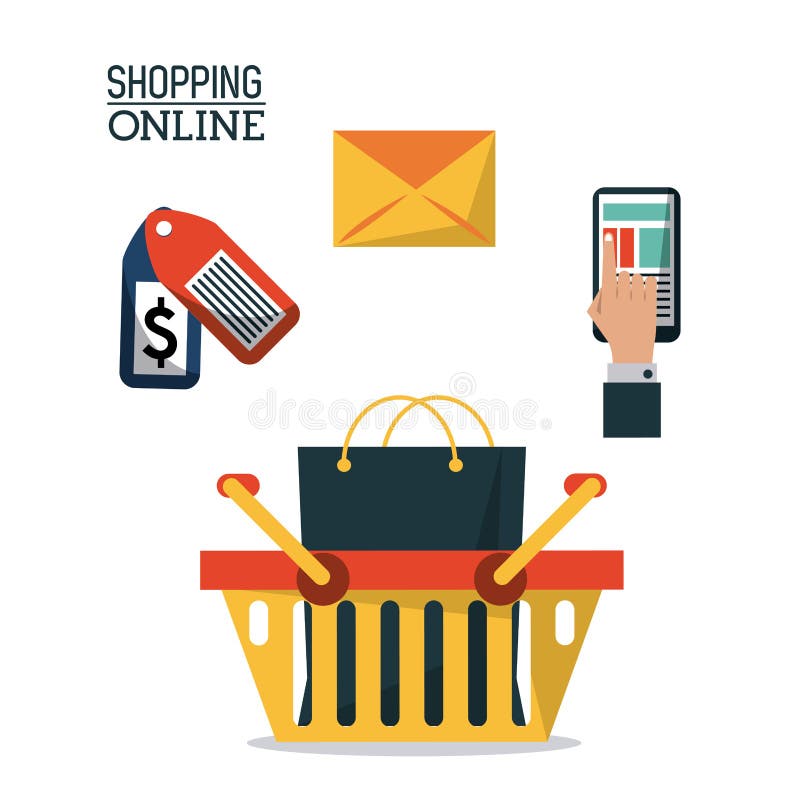 Colorful poster shopping online with shopping basket and icons for buying on top vector illustration Colorful poster shopping online with shopping basket and icons for buying on top vector illustration