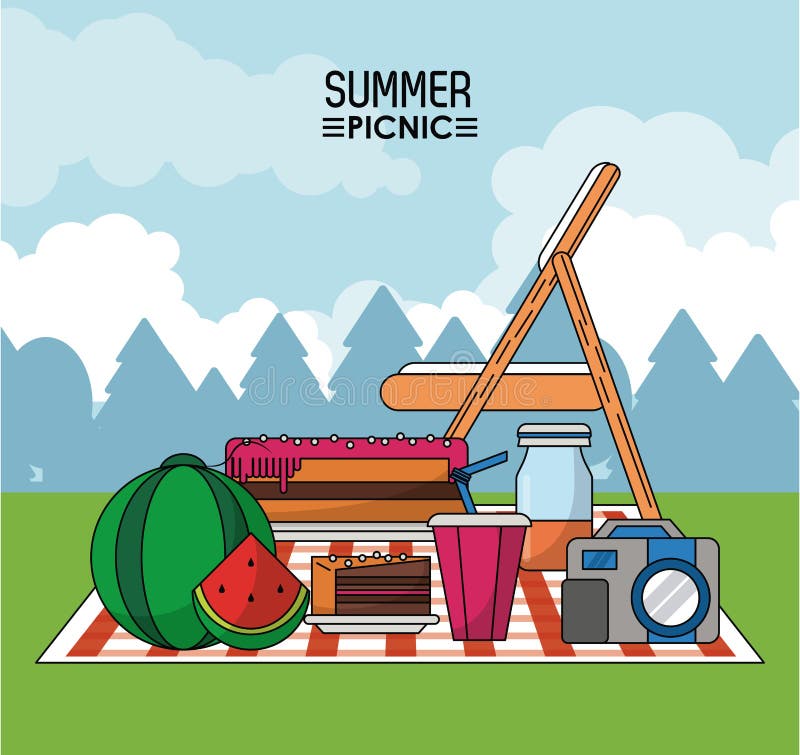 Colorful poster of summer picnic with outdoor landscape and picnic basket in tablecloth with watermelon and pie and.