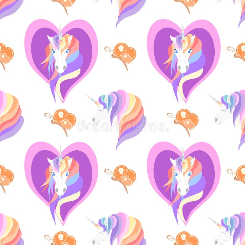 Pretty Unicorn Head Inside Purple Heart with Butterflies on White Background Seamless Pattern