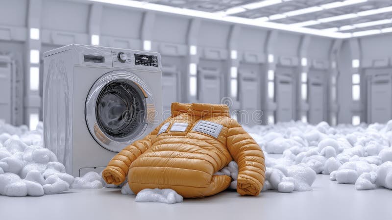 Colorful puffy jacket sits beside a washing machine in a futuristic laundry room filled with fluffy clouds stock illustration