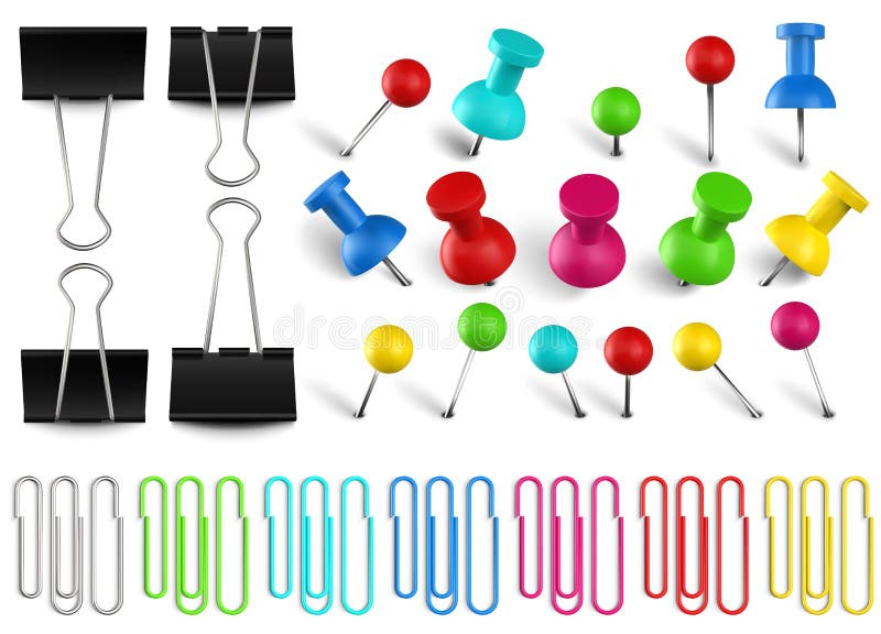 Colorful pushpins and paperclips binders. Color paper clip, red pushpin and office papers clamp. Realistic pins vector