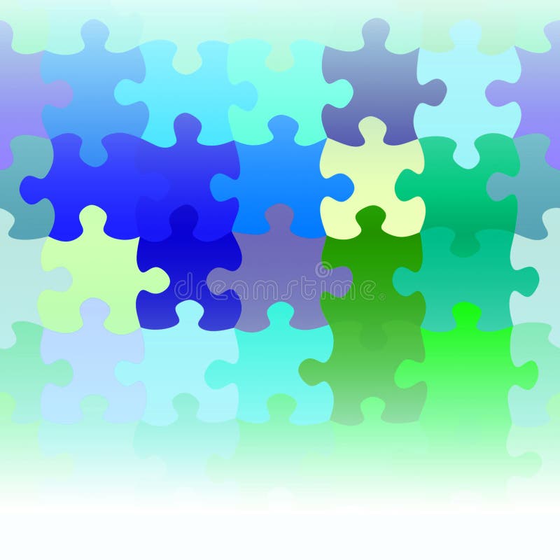 Connected, colorful puzzle in blues, greens and purples with soft blur on bottom for copy space.