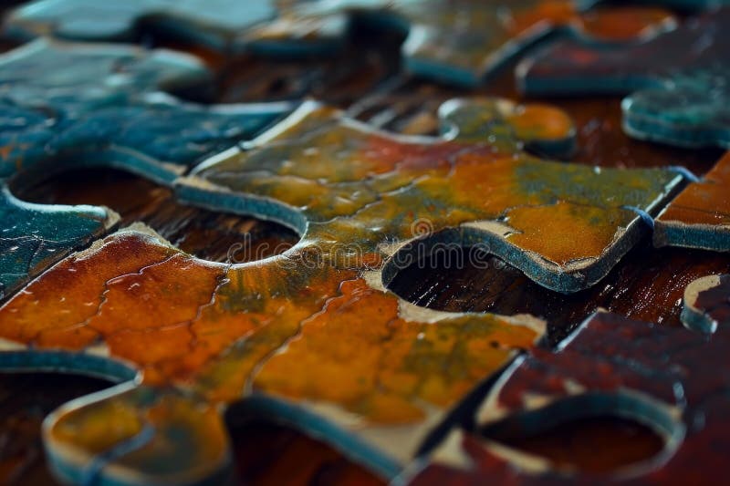 Colorful puzzle pieces forming a complete picture on a wooden table stock image