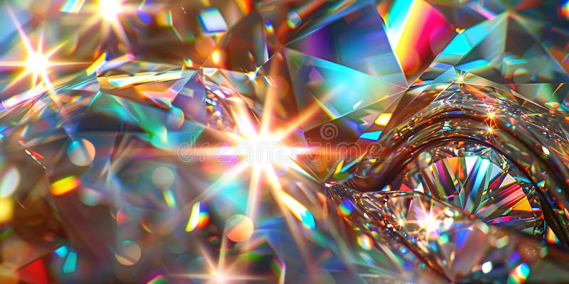 Colorful Radiant Light Reflections on Sparkling Geometric Crystal Background stock illustration
