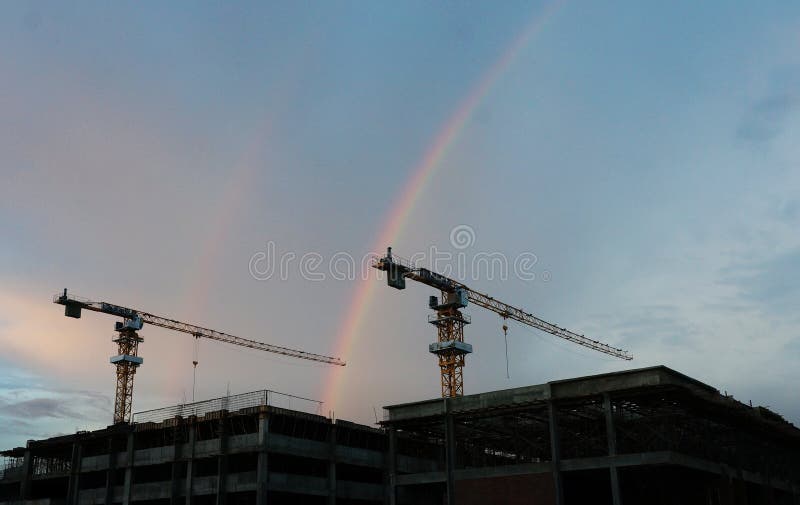 Colorful Rainbow And Construction Crane Stock Photo - Image of