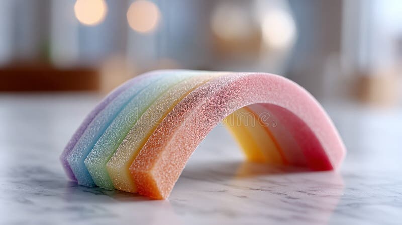 Colorful rainbow sponge in an arch shape on a marble countertop. royalty free stock photo