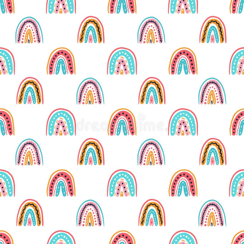 Colorful Rainbows in Doodle Style, Vector Seamless Pattern Stock Vector