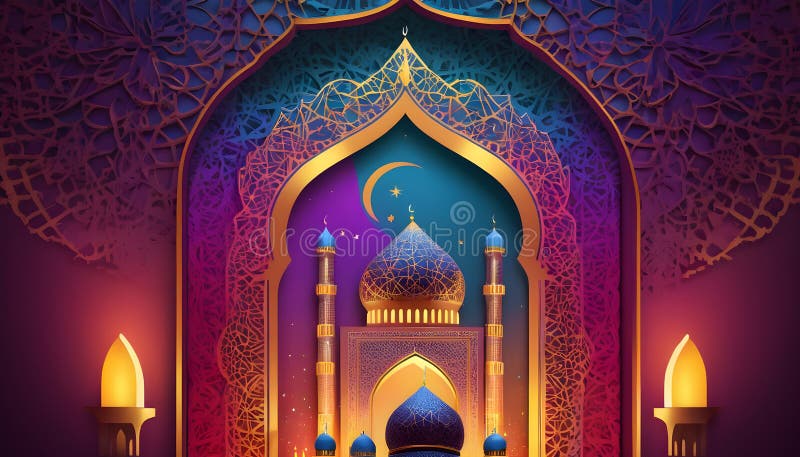 Carte colorată de întâmpinare Kareem Ramadan cu clădiri islamice și ornamente vector illustration