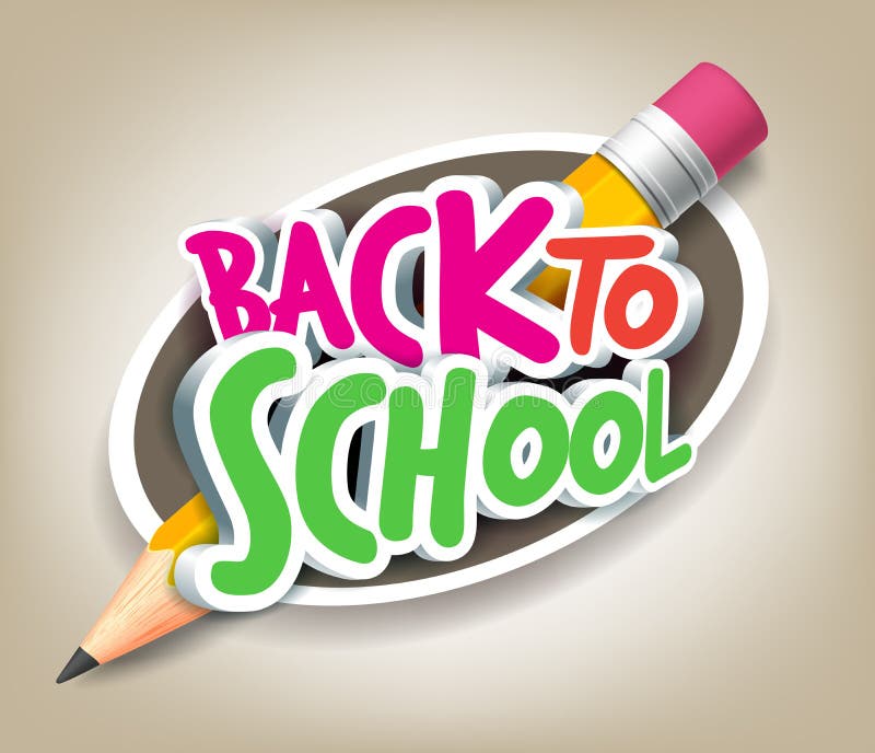 Colorful Realistic 3D Back to School Title Texts with Big Pencil in a Circle for Poster Design in Colorful Background. Vector Illustration