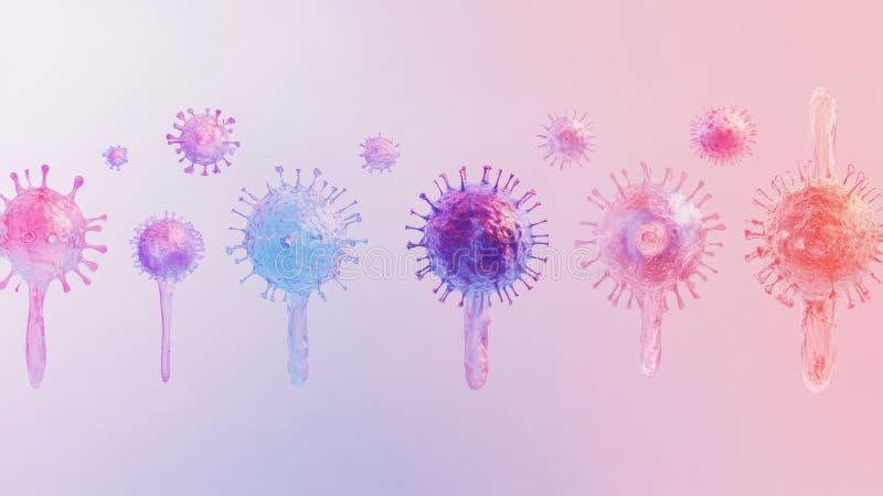 Progression of virus forms from basic to complex in colorful representations illustrating viral structure and stock photos