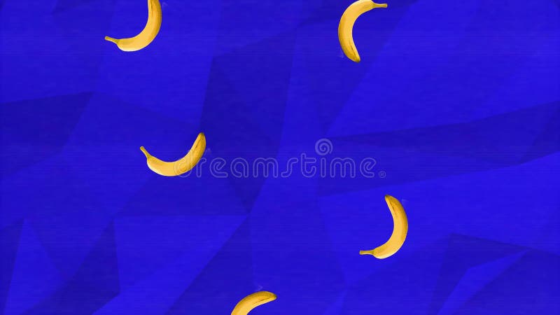 Colorful retro falling banana animation on a blue geometric background with a analogue interference and grain texture overlay stock illustration