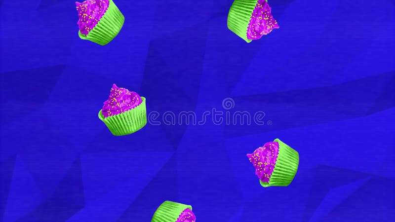 Colorful retro falling cupcakes animation on a blue geometric background with a analogue interference and grain texture overlay royalty free illustration