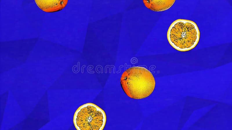 Colorful retro falling cut and whole oranges animation on a blue geometric background with an analogue interference and grain royalty free illustration