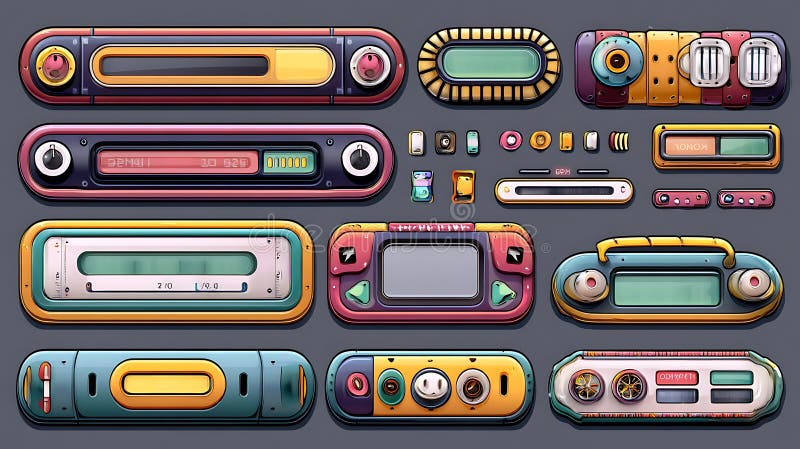Colorful Retro Pixel Art Game UI-knoppen en -knoppen stock illustratie