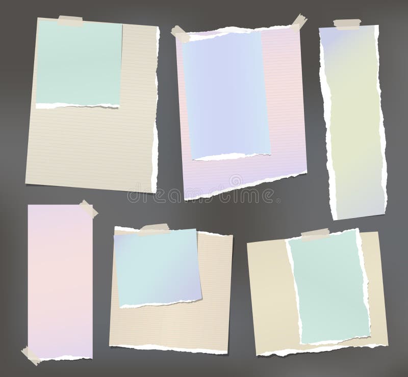 Colorful ripped notebook sheets, note paper for text or message stuck royalty free illustration