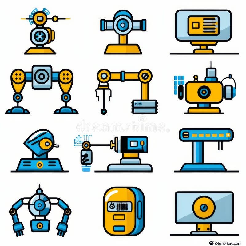 A vibrant set of stylized robotic icons depicting various types of robots and machinery, ideal for tech and automation themes. Robotics icons illustrations
