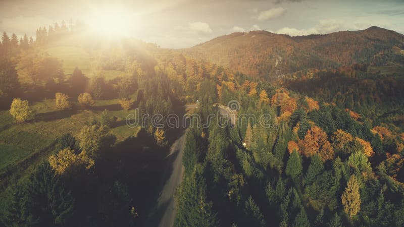 Colorful rocky landscape dense forest aerial view