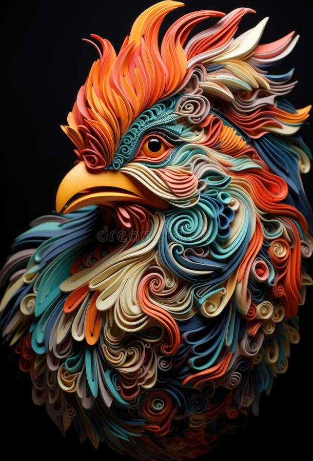 Vibrant rooster feathers showcase nature beauty generated by AI