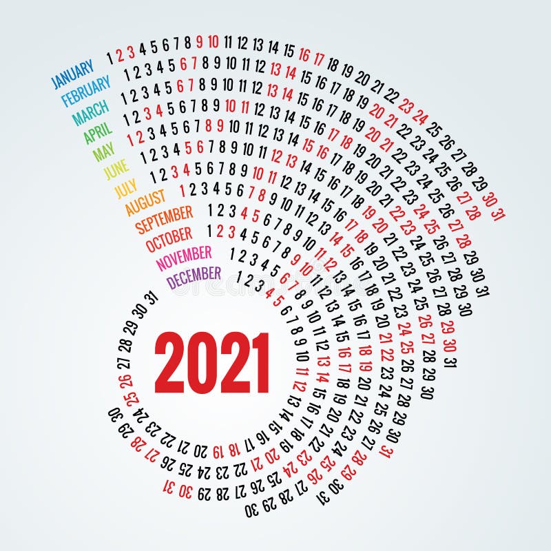 Colorful Round Calendar 2021 Calendar Portrait Orientation Set Of 12 Months Planner For 2021 Year Stock Vector Illustration Of January Event 166381761 2021 year round calendar