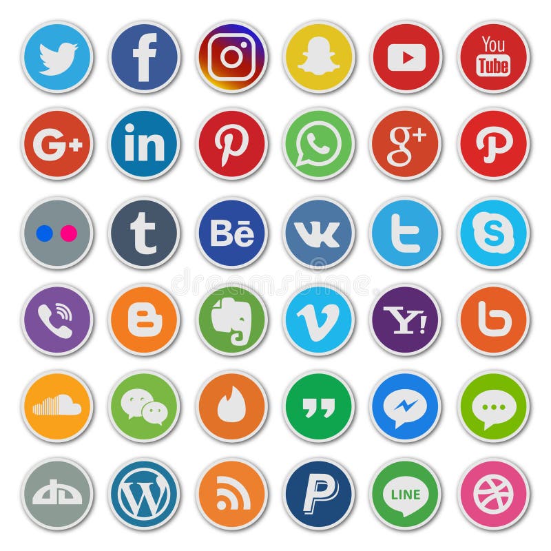 36 round social media icon set full colors on white background. 36 round social media icon set full colors on white background