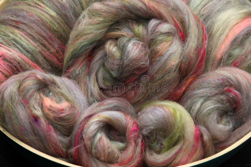 Colorful, handdyed roving of sheepwool, braid and rolled up, natural material ready for spinning on a traditional spinning wheel as a hobby. Colorful, handdyed roving of sheepwool, braid and rolled up, natural material ready for spinning on a traditional spinning wheel as a hobby.