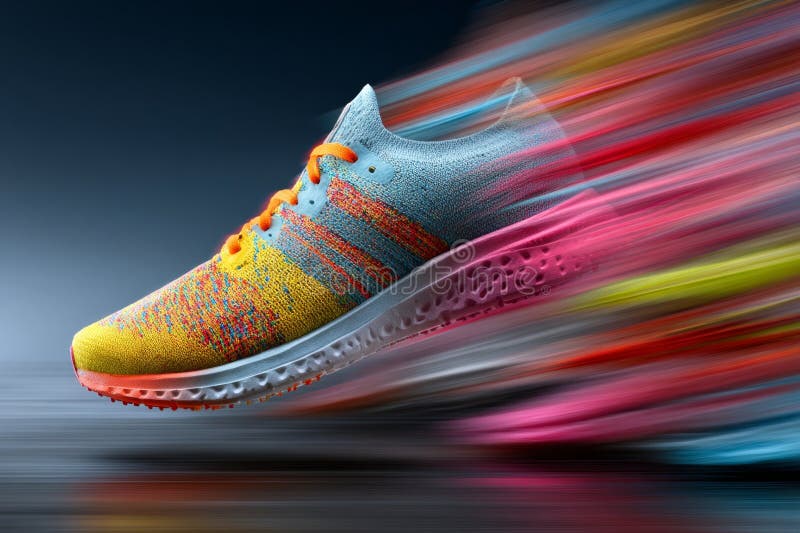 Colorful running shoe speeding through vibrant colorful motion blur effect, suggesting speed and dynamism stock photo