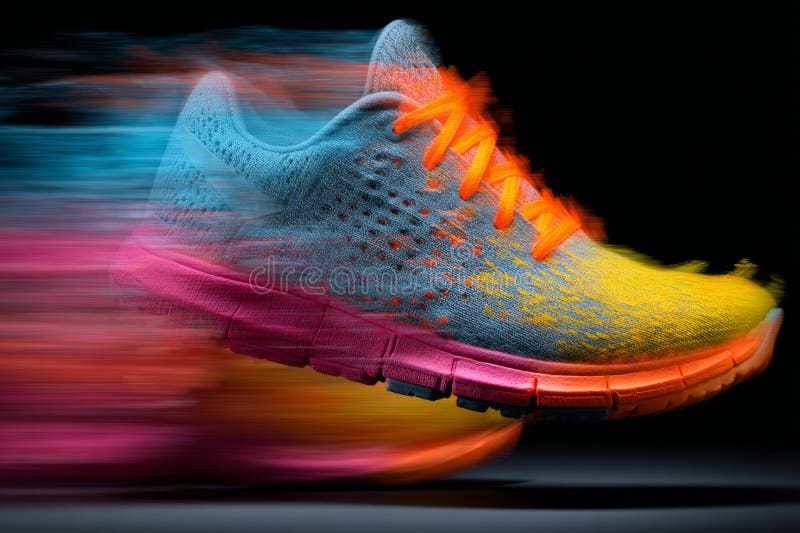 Colorful running shoes moving fast on a black background, creating a sense of speed and dynamism royalty free stock images
