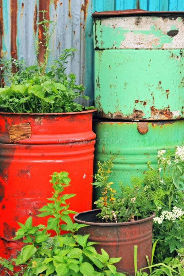 Colorful Rustic Planters with Vegetation in Old Metal Drums Outdoors. stock photos