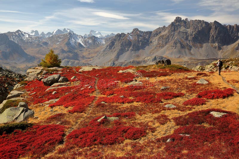 Colorful scenery in Autumn from a hiking path leading to the Serpent lake, located in Vallee de la Claree Claree Valley stock photography