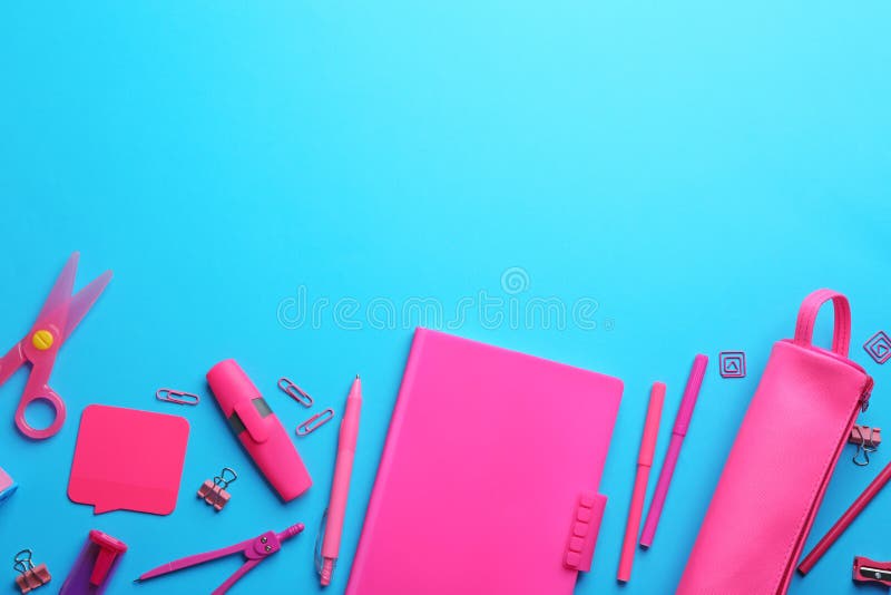 Colorful School Stationery on Light Blue , Flat Lay. Space for Text