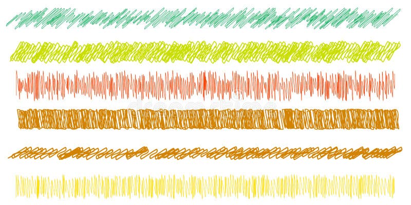 Colorful scribble, sketch, sketchy doodle horizontal line dividers. Wavy, waving, wave and billowy, undulating zigzag, crisscross royalty free illustration