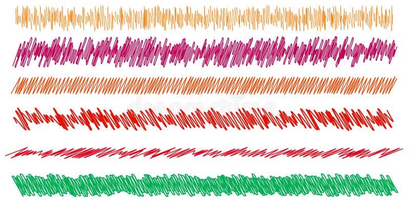 Colorful scribble, sketch, sketchy doodle horizontal line dividers. Wavy, waving, wave and billowy, undulating zigzag, crisscross vector illustration