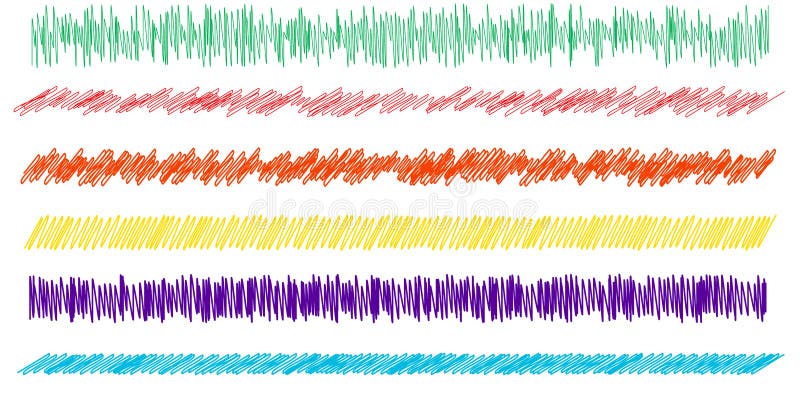 Colorful scribble, sketch, sketchy doodle horizontal line dividers. Wavy, waving, wave and billowy, undulating zigzag, crisscross stock illustration