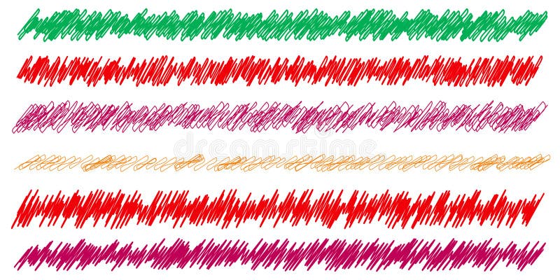Colorful scribble, sketch, sketchy doodle horizontal line dividers. Wavy, waving, wave and billowy, undulating zigzag, crisscross royalty free illustration