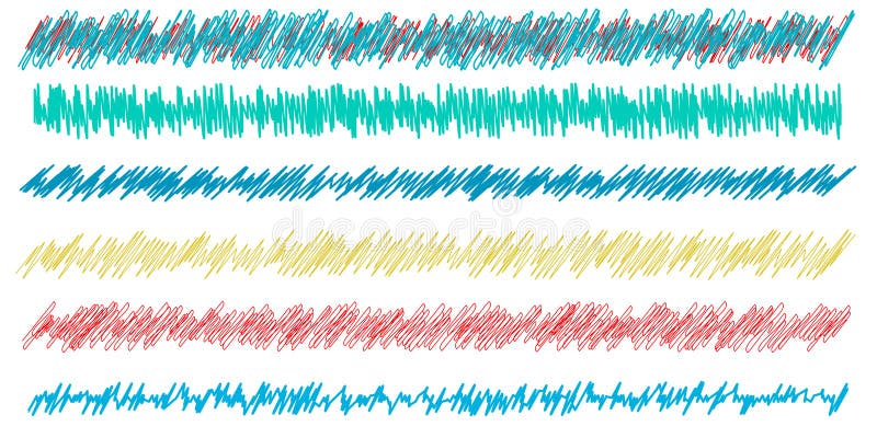 Colorful scribble, sketch, sketchy doodle horizontal line dividers. Wavy, waving, wave and billowy, undulating zigzag, crisscross vector illustration