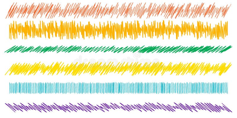 Colorful scribble, sketch, sketchy doodle horizontal line dividers. Wavy, waving, wave and billowy, undulating zigzag, crisscross royalty free illustration