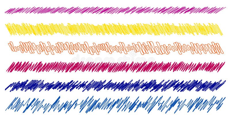Colorful scribble, sketch, sketchy doodle horizontal line dividers. Wavy, waving, wave and billowy, undulating zigzag, crisscross stock illustration