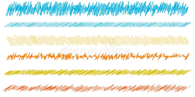 Colorful scribble, sketch, sketchy doodle horizontal line dividers. Wavy, waving, wave and billowy, undulating zigzag, crisscross royalty free illustration