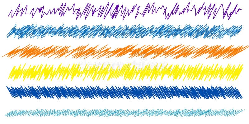 Colorful scribble, sketch, sketchy doodle horizontal line dividers. Wavy, waving, wave and billowy, undulating zigzag, crisscross royalty free illustration