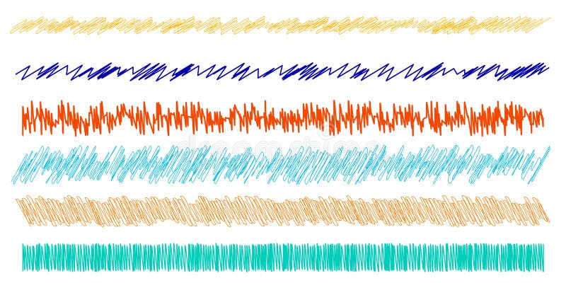 Colorful scribble, sketch, sketchy doodle horizontal line dividers. Wavy, waving, wave and billowy, undulating zigzag, crisscross vector illustration