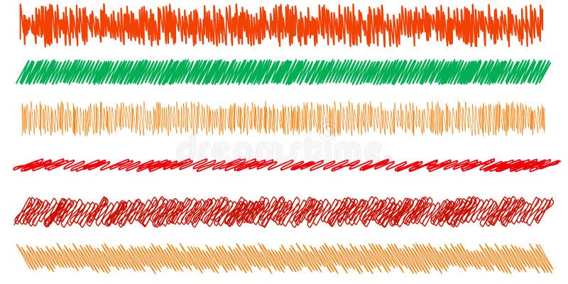 Colorful scribble, sketch, sketchy doodle horizontal line dividers. Wavy, waving, wave and billowy, undulating zigzag, crisscross royalty free illustration